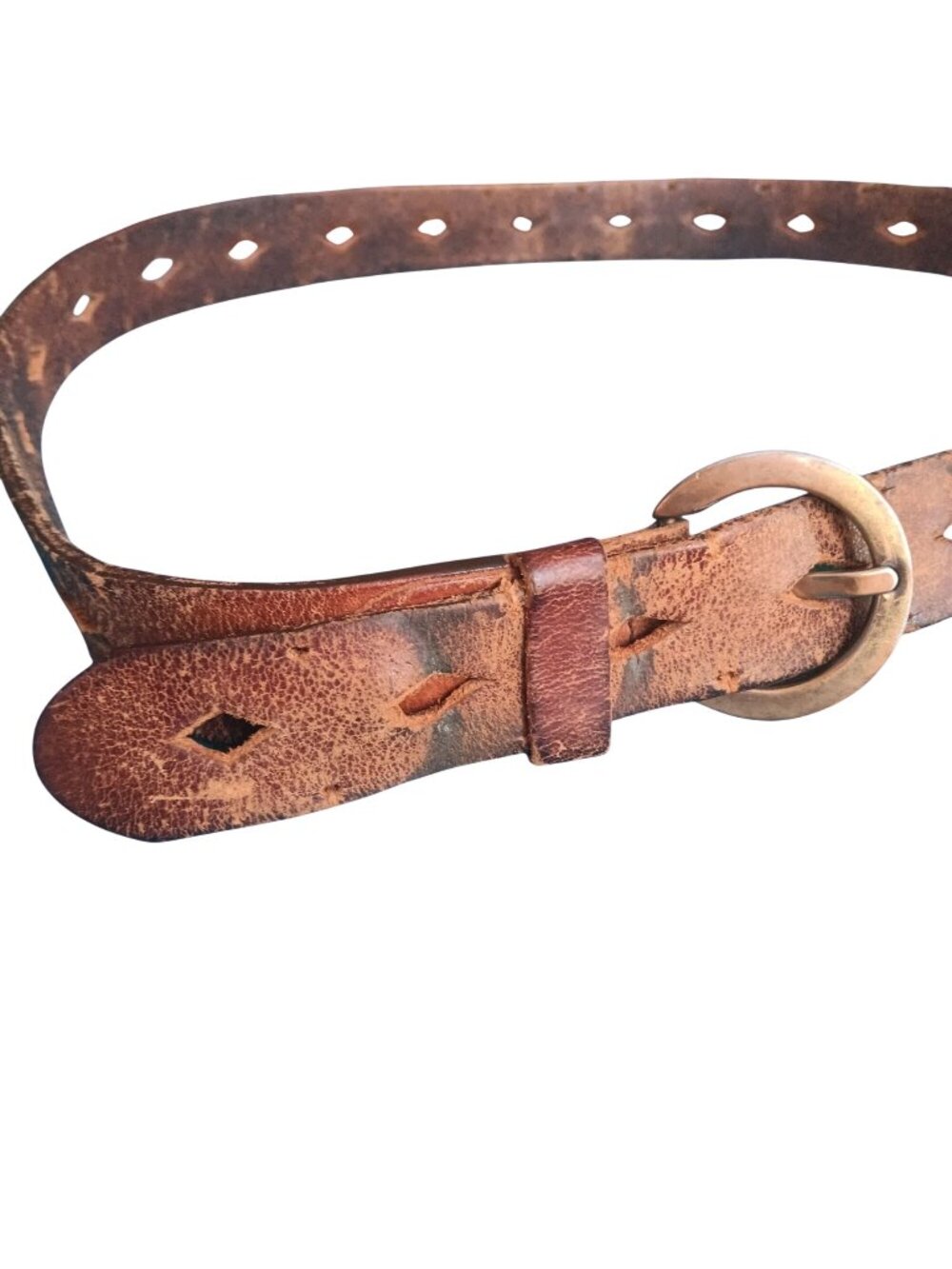 Vintage Hippy Belt 36 38 1970's Distressed Brown Leather Copper Buckle Slotted